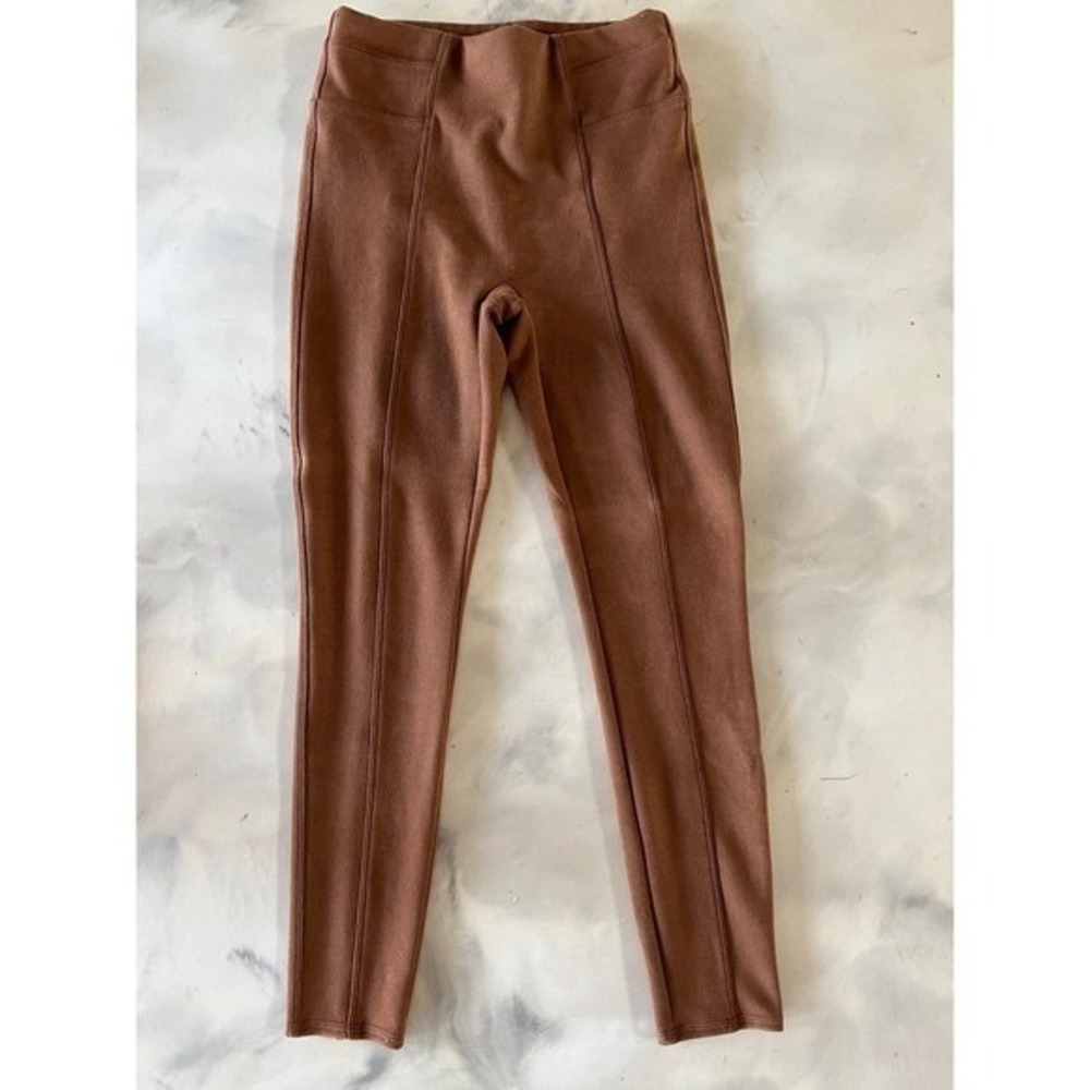 Spanx Faux Suede Leggings Cognac Brown High Rise Seamed Slimming Boho Chic M